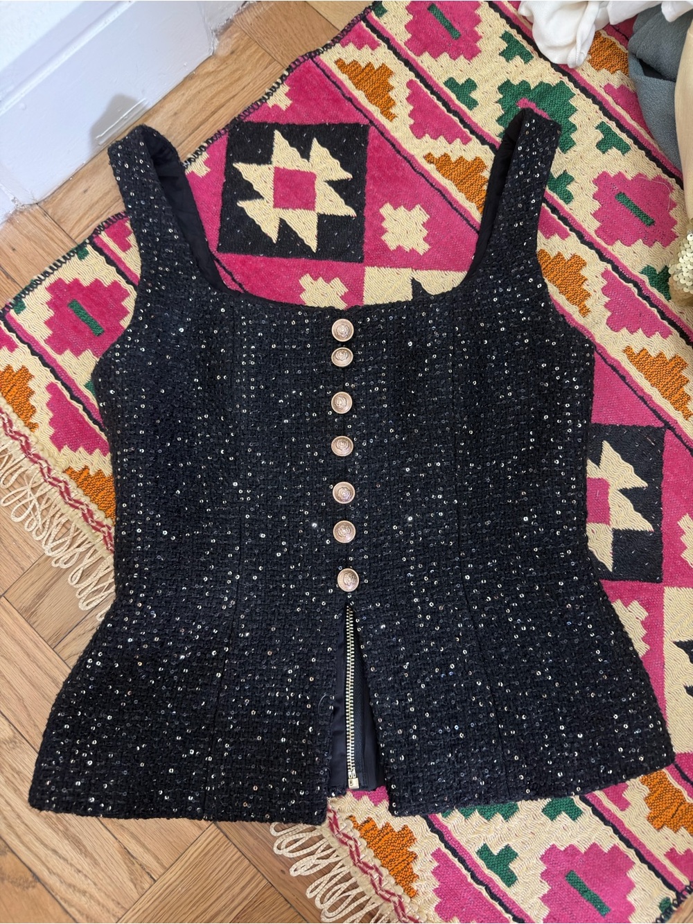 Black Sequined Tweed Corset Tank Top with Front Buttons